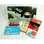 A box of various vintage toys and games including 'Waddingtons Car Racing Game Formula I', Bridge, a