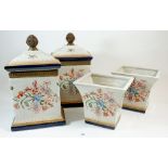 A pair of large floral ceramic boxes with pineapple finials, 36cm and a pair of matching vases
