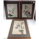 A set of three Japanese floral watercolours on silk, 39 x 30cm