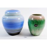 A Shelley green Harmony Ware vase with original label, 15cm tall and a blue ginger jar and cover