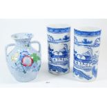 A Spode two handled floral vase, 18cm and a pair of Ashworth blue and white vases