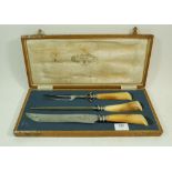 A Victorian bone handled carving set with silver collar, blades by Henckels, Solingen - cased