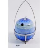 A Shelley blue Harmony Ware preserve pot with original chrome plated stand