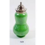 A Ruskin apple green waisted sugar sifter with silver plated lid
