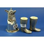 A silver plated fox head large stirrup cup, 14cm and a pair of hunting boot form spirit measures