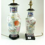 Two Chinese table lamps painted exotic birds, tallest 39cm high