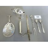 A silver mustard pot Birmingham 1849, a cheroot holder and two salt spoons plus a silver plated