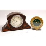 An oak cased eight day mantel clock with French movement, 14cm high and an Oris eight day alarm