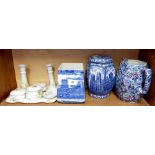 A Ringtons blue and white tea caddy and another with no lid plus a jug (handle a/f) and an Edwardian