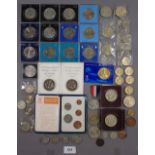 A fabric box of mainly British coinage including: commemoratives Churchill 1965, Silver Jubilee