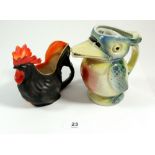 A novelty Art Deco bird form jug and a bisque cockerel one