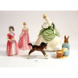 A Beswick horse, a Beatrix Potter 'Cecily Parsley' and three various Doulton figures