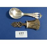 Two silver caddy spoons, one Danish and the other with Chester import hallmarks for 1906 by BM