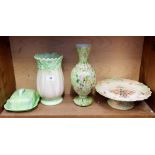 A Melba Ware vase and butter dish plus Crown Devon comport and mottled glass vase