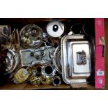 A silver plated entree dish and various other silver plated items