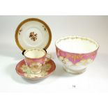Four Victorian pink and gilt teacups, slop bowl and cake plate and ten Copenhagen tea plates