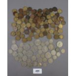 A quantity of British coinage including pre-decimal: farthings, brass threepences, sixpences,