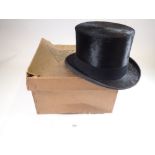 A Hope Bros silk top hat in a box, 6 1/4" x 8" - circumference 57cm