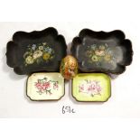 A pair of Victorian papier mache miniature trays painted flowers, two enamel floral pin dishes etc.