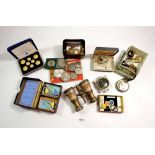 A compass from Helsinki, opera glass and various other collectables, buttons, badges, coins,