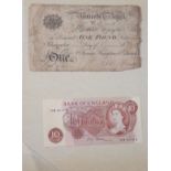 An album containing: seven banknotes including: 3 off green £1 notes: (a) P S Beale 1949-55 prefix