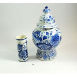 A large Delft vase with cover, 31cm high and a cylindrical vase