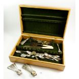 An oak cutlery box and contents including silver plated and white metal cutlery, etc