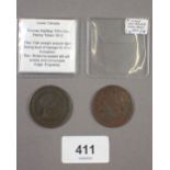 Two penny tokens including: New Zealand 1857 Auckland for M Somerville wholesale family grocer,