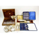 A mother of pearl and silver plated dessert cutlery set, cased and one other without case, a set