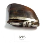 A 19th century carved horn or hoof snuff box with white metal mounts, 8 x 6.4cm