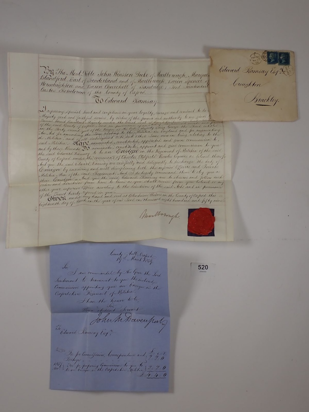 Victorian 1859 Commission for Ensign Edward Ramsay Esq on promotion as Lieutenant to the Oxfordshire