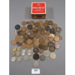 Tin of British coinage pre-decimal and decimal including: halfpennies, pennies, brass threepence