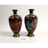 A pair of Japanese Meiji period fluted cloisonne enamel small floral vases, 12cm tall