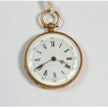 A French 18 carat gold fob watch with engraved decoration and enamel dial, 3cm diameter,