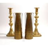 A pair of brass candlesticks plus a pair of Kingo vases