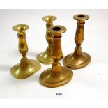 Two pairs of Georgian brass candlesticks, 16 cm high