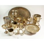 A box of silver plated items including two bottle holders, two champagne flutes, etc