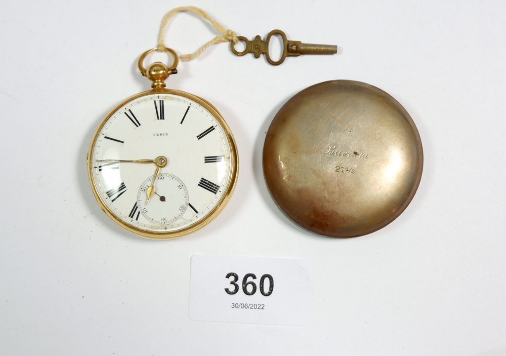 An 18 carat gold pocket watch with enamel face and seconds dial marked 52814, 4.5cm diameter