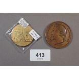 Two Paris medallions including: Expo medal 1867 Napoleon III bust, Eiffel Tower opening tour medal