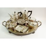 A Victorian silver plated tray engraved ferns and various silver plated items