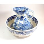 A Mason's Ironstone willow pattern toiletry jug and bowl (bowl a/f)