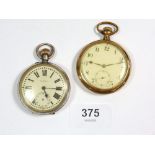 A Meridian 900 standard silver pocket watch and a gold plated screw back pocket watch