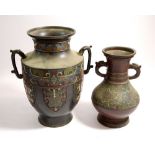A large Chinese cloisonné enamel two handled vase and a smaller one 37cm and 25cm high