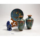 A pair of cloisonne enamel vases 11cm and similar plate on stand plus carved blue john bust
