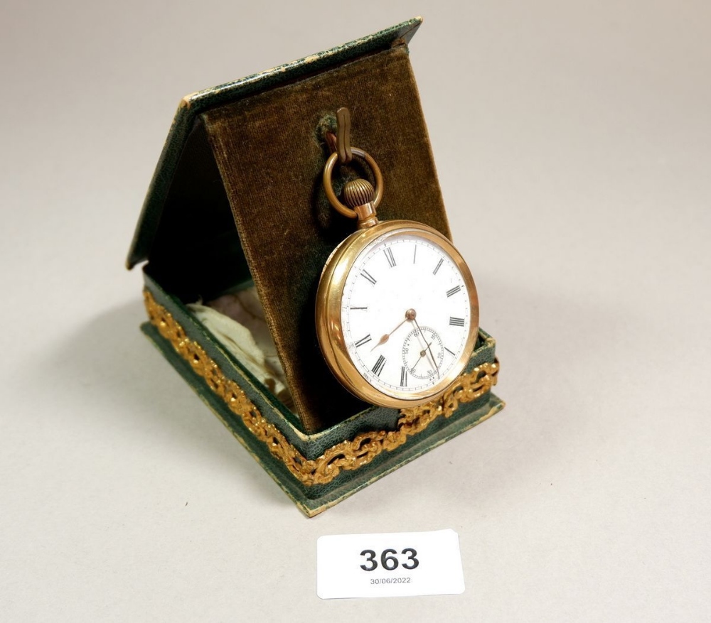 An Excelsior gold plated pocket watch in card and gilt metal watch stand