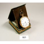 An Excelsior gold plated pocket watch in card and gilt metal watch stand