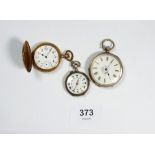 A Waltham gold plated fob watch, no glass and two continental white metal fob watches