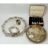 A silver salver Sheffield 1945, 377g, 20cm diameter, five silver teaspoons, a silver napkin ring,