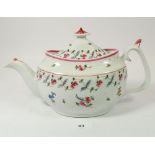 A New Hall porcelain teapot with scrolling floral decoration, No 839, spout repaired