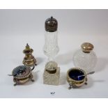 A Victorain cut glass scent bottle with silver lid embossed cherubs plus silver plated cruet set,